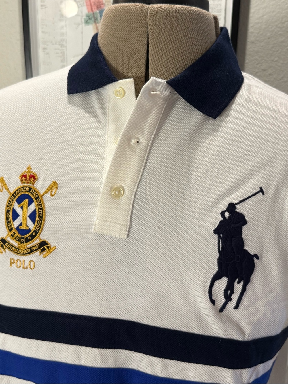 Polo Ralph Lauren Large Custom Slim Fit Big Pony Crest White Blue Rugby No. 1 - Picture 3 of 10
